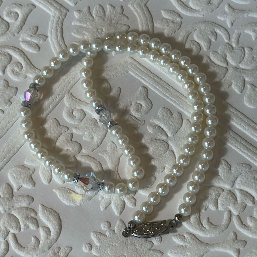 Vintage Art Deco Glass Pearl Choker Necklace With Faceted Clear Crystals 15”